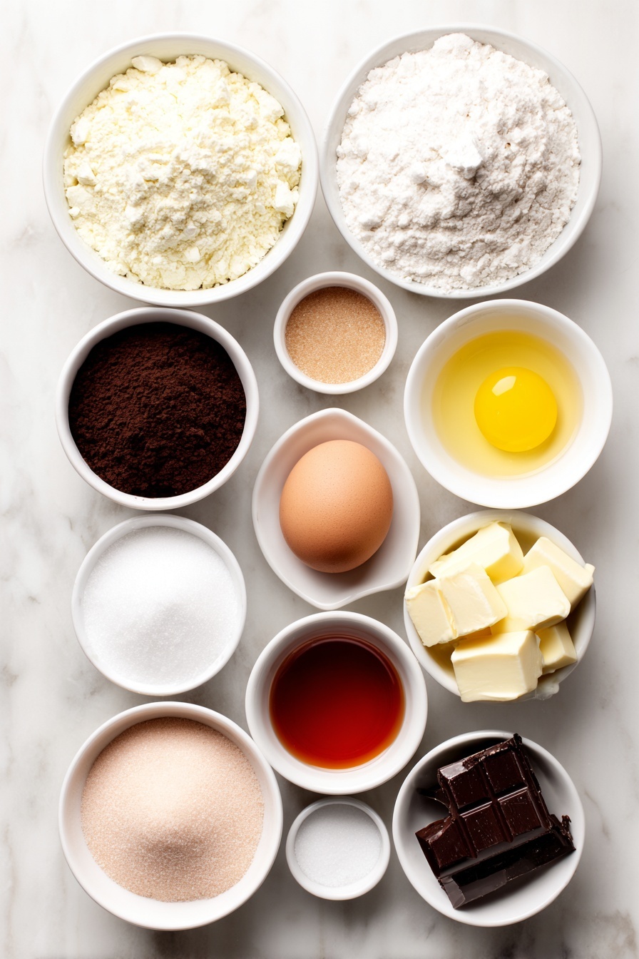 Flat lay of a small mound of all-purpose flour, a small white ceramic bowl of sifted cocoa powder, a small white ceramic bowl with baking soda, a small white ceramic bowl with baking powder, a small white ceramic bowl filled with salt, a small white ceramic bowl holding melted unsalted butter, a small white ceramic bowl with granulated sugar, a small white ceramic bowl with packed light brown sugar, a small white ceramic bowl with vanilla extract, a small white ceramic bowl with white vinegar, one whole brown egg with a clean shell, a small white ceramic bowl containing bright red food coloring liquid, a small white ceramic bowl with melted milk chocolate, a small white ceramic bowl with melted white chocolate, a small white ceramic bowl holding pink/red oil-based food coloring, all arranged symmetrically and proportionally on a clean white marble surface, soft natural light, photo taken with an iPhone, professional food photography style, fresh ingredients, white ceramic bowls, no bottles, no duplicates, no utensils, no packaging --ar 2:3 --v 7 --p m7354615311229779997 - Red Velvet Bear Cookies, easy red velvet cookies, adorable bear-shaped cookies, chocolatey red velvet treats, Valentine's Day cookie ideas
