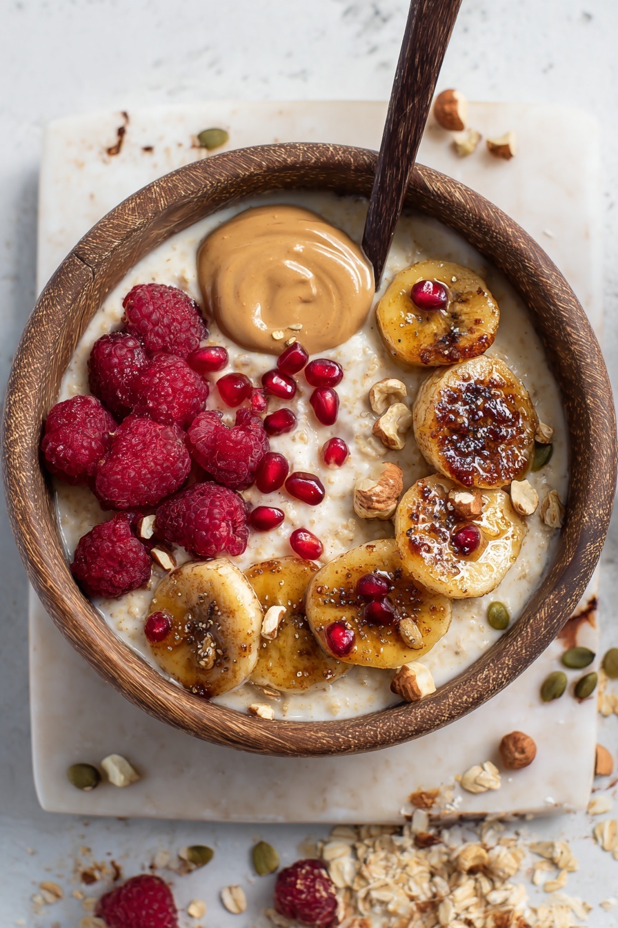 A wooden bowl is filled with a creamy light beige oatmeal base. On top, caramelized banana slices with a shiny golden brown glaze cover the right side, sprinkled with small pieces of hazelnuts and bright red pomegranate seeds. On the left side, there is a cluster of fresh red raspberries sitting next to a dollop of smooth light brown almond butter. Around the edges, some granola bits with a crunchy texture and pumpkin seeds add contrast. A dark wooden spoon rests inside the bowl. The bowl is placed on a white marbled surface with scattered granola and raspberry around it. Photo taken with an iphone --ar 2:3 --v 7 - Caramelized Banana Oatmeal Bowl, Banana Oatmeal Breakfast, Healthy Oatmeal Recipes, Easy Breakfast Ideas, Wholesome Morning Bowls