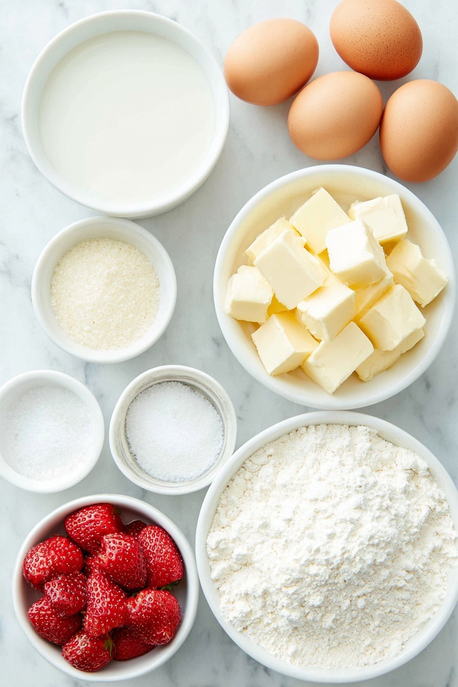 Flat lay of a small white ceramic bowl of water, a small white ceramic bowl of whole milk, a small white ceramic bowl of unsalted butter cubes, a small white ceramic bowl of granulated sugar, a small white ceramic bowl of salt, a small white ceramic bowl of bread flour, four large whole uncracked eggs with clean shells, a small white ceramic bowl of pureed fresh strawberries, a small white ceramic bowl of powdered sugar, a small white ceramic bowl of freeze-dried strawberry bits, placed on a clean white marble surface, soft natural light, photo taken with an iPhone, professional food photography style, fresh ingredients, white ceramic bowls, no bottles, no duplicates, no utensils, no packaging --ar 2:3 --v 7 --p m7354615311229779997 - Strawberry Glazed French Crullers, French Crullers with Strawberry Glaze, Easy Strawberry Crullers, Homemade French Crullers, Fruit-Topped French Pastries
