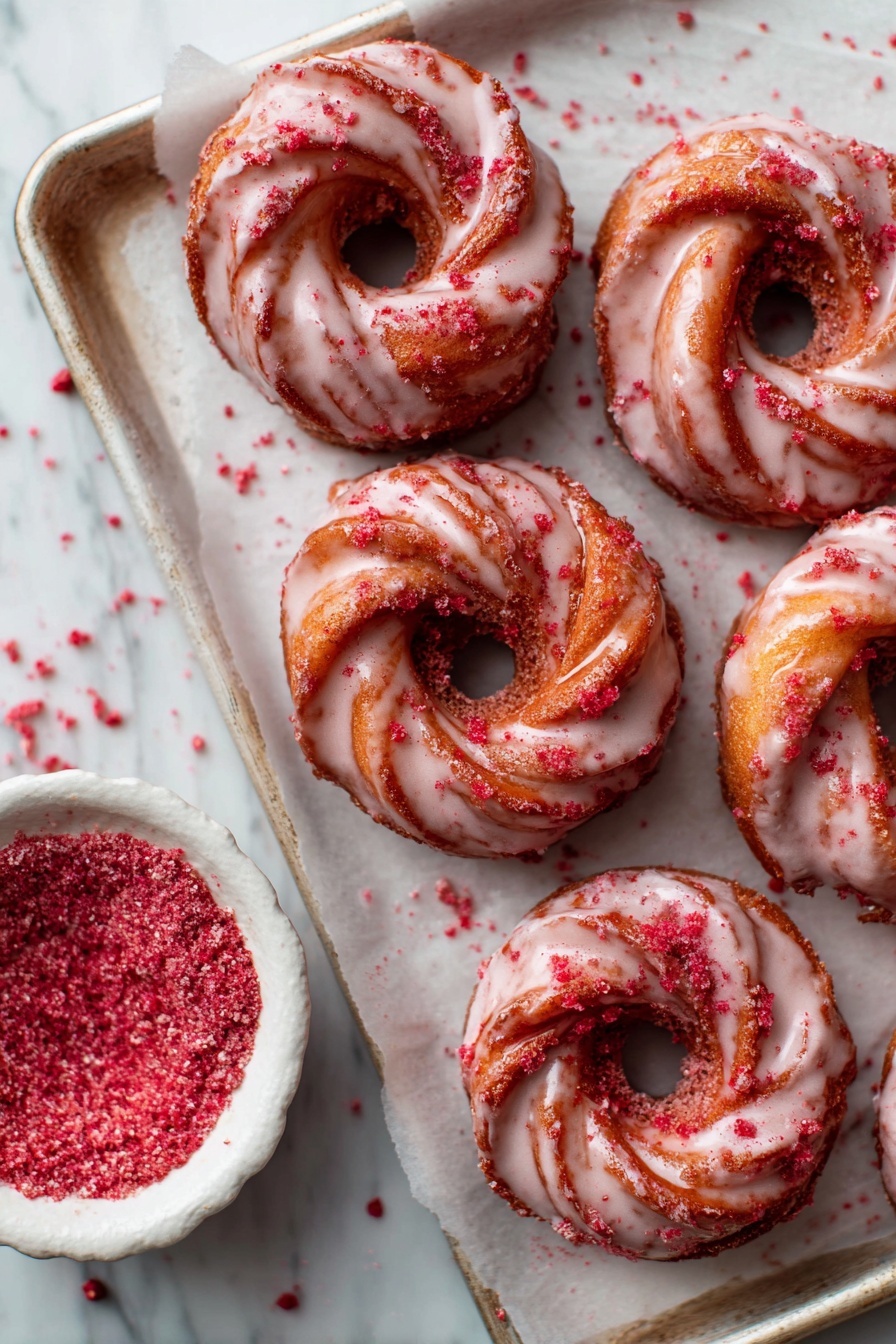 The image shows six round, twisted donuts on a white tray with parchment paper. Each donut has a light pink shiny glaze drizzled over the top and is dusted with red crumbs. There is a small white bowl filled with the same red crumbs at the bottom left corner. The background is a white marbled texture. photo taken with an iphone --ar 2:3 --v 7 - Strawberry Glazed French Crullers, French Crullers with Strawberry Glaze, Easy Strawberry Crullers, Homemade French Crullers, Fruit-Topped French Pastries