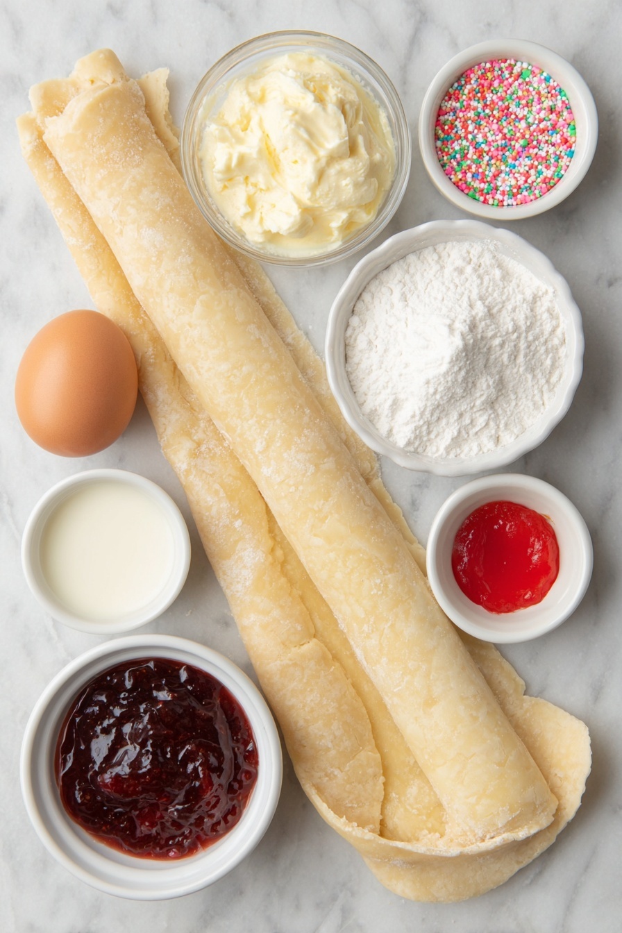 Flat lay of two unrolled sheets of smooth, pale beige premade pie crust dough, a small white ceramic bowl filled with vibrant red strawberry jam, one whole clean brown egg with uncracked shell, a small white bowl containing fine white confectioners sugar, another small white bowl with creamy milk, a third small white bowl holding clear pale vanilla extract, a tiny white bowl with a single drop of bright red liquid food coloring, and a scattering of colorful red and pink sprinkles artfully arranged beside the bowls, all items symmetrically placed on a clean white marble surface, soft natural light, photo taken with an iPhone, professional food photography style, fresh ingredients, white ceramic bowls, no bottles, no duplicates, no utensils, no packaging --ar 2:3 --v 7 --p m7354615311229779997 - Homemade Strawberry Pop Tarts, Strawberry Pop Tarts, Easy Pop Tarts, Flaky Pastry Treats, Berry Filled Breakfast Pastries