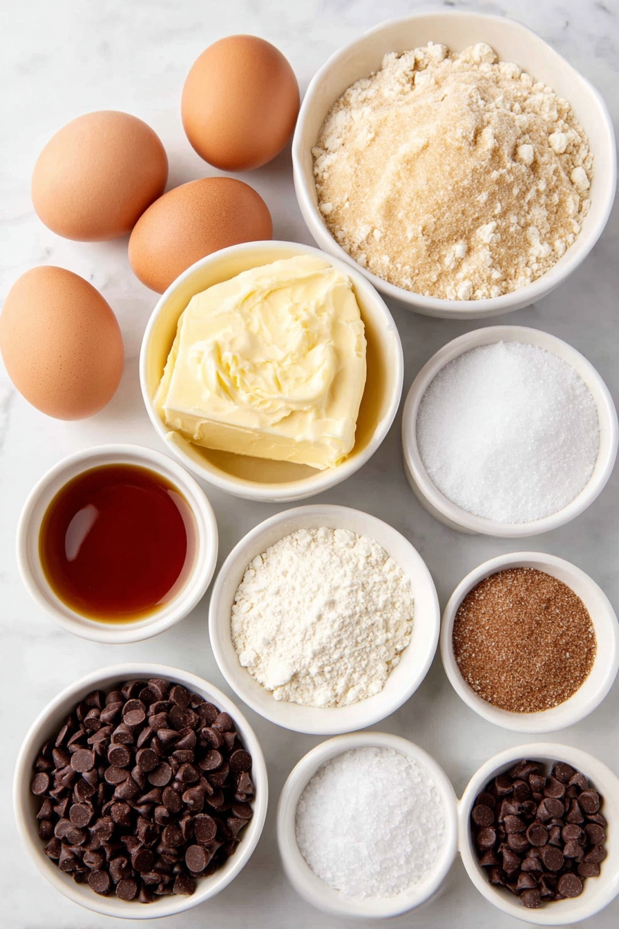 Flat lay of a small pool of golden brown butter with browned bits, a small white ceramic bowl of packed light brown sugar, a small white ceramic bowl of granulated sugar, two whole large eggs with clean shells, a small white ceramic bowl of pale beige sourdough discard, a small white ceramic bowl of rich amber vanilla extract, a small white ceramic bowl filled with all-purpose flour, a small white ceramic bowl containing white baking soda, a small white ceramic bowl with white baking powder, a small white ceramic bowl holding white flaky sea salt, a small white ceramic bowl with light brown ground cinnamon, and a small white ceramic bowl filled with dark semi-sweet chocolate chips — all arranged with perfect symmetry on a clean white marble surface, soft natural light, photo taken with an iPhone, professional food photography style, fresh ingredients, white ceramic bowls, no bottles, no duplicates, no utensils, no packaging --ar 2:3 --v 7 --p m7354615311229779997 - Brown Butter Sourdough Discard Chocolate Chip Cookies, sourdough discard cookies, brown butter chocolate chip cookies, chewy homemade cookies, sourdough cookie recipe