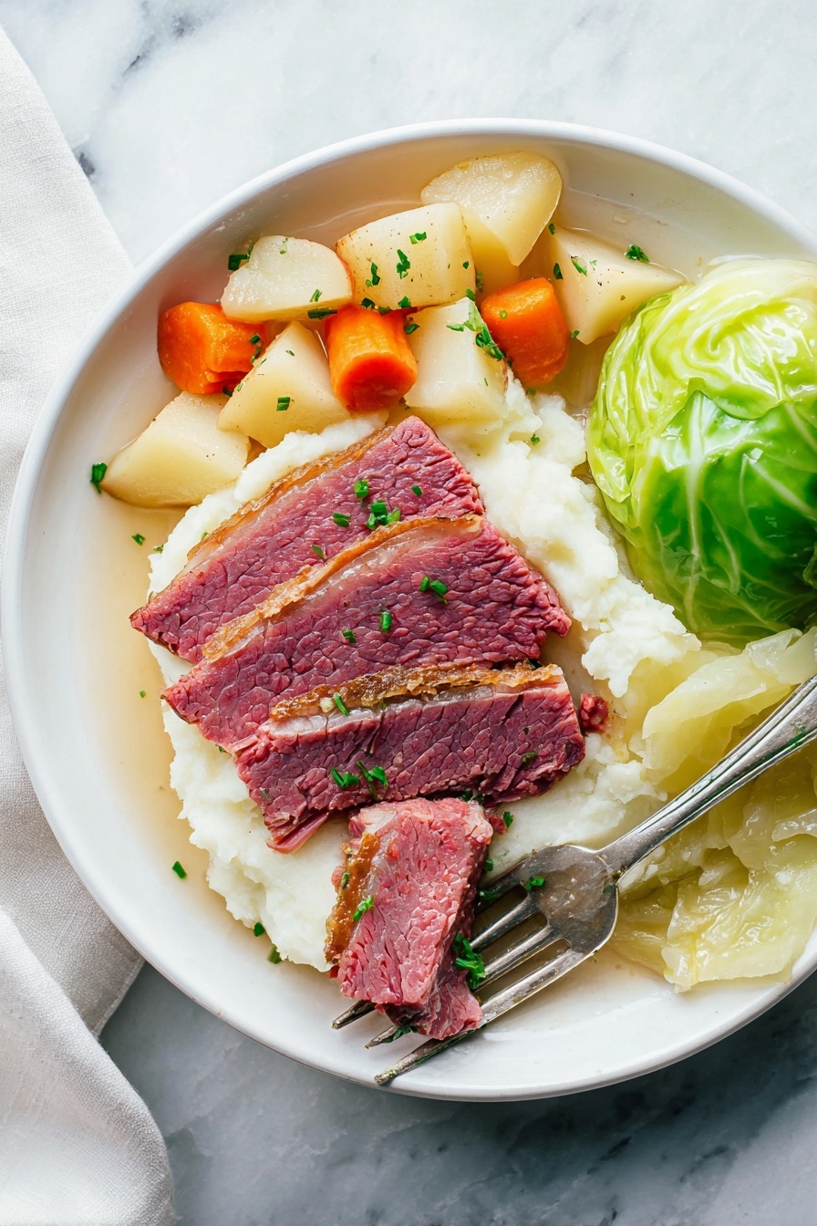 A white plate sits on a white marbled surface holding three thick slices of pink corned beef with a brown edge placed on a bed of smooth white mashed potatoes. To the left of the beef are small chunks of soft-looking orange carrots and light yellow potatoes mixed with pearl onions. To the right side of the plate, a portion of cooked green cabbage leaves is neatly folded. A silver fork rests diagonally on the mashed potatoes with one piece of beef pierced on its prongs and a touch of green garnish scattered lightly over the entire dish. photo taken with an iphone --ar 2:3 --v 7 - Crock Pot Corned Beef and Cabbage, slow cooker corned beef, easy Irish dinner, St. Patrick's Day meal, tender corned beef and cabbage