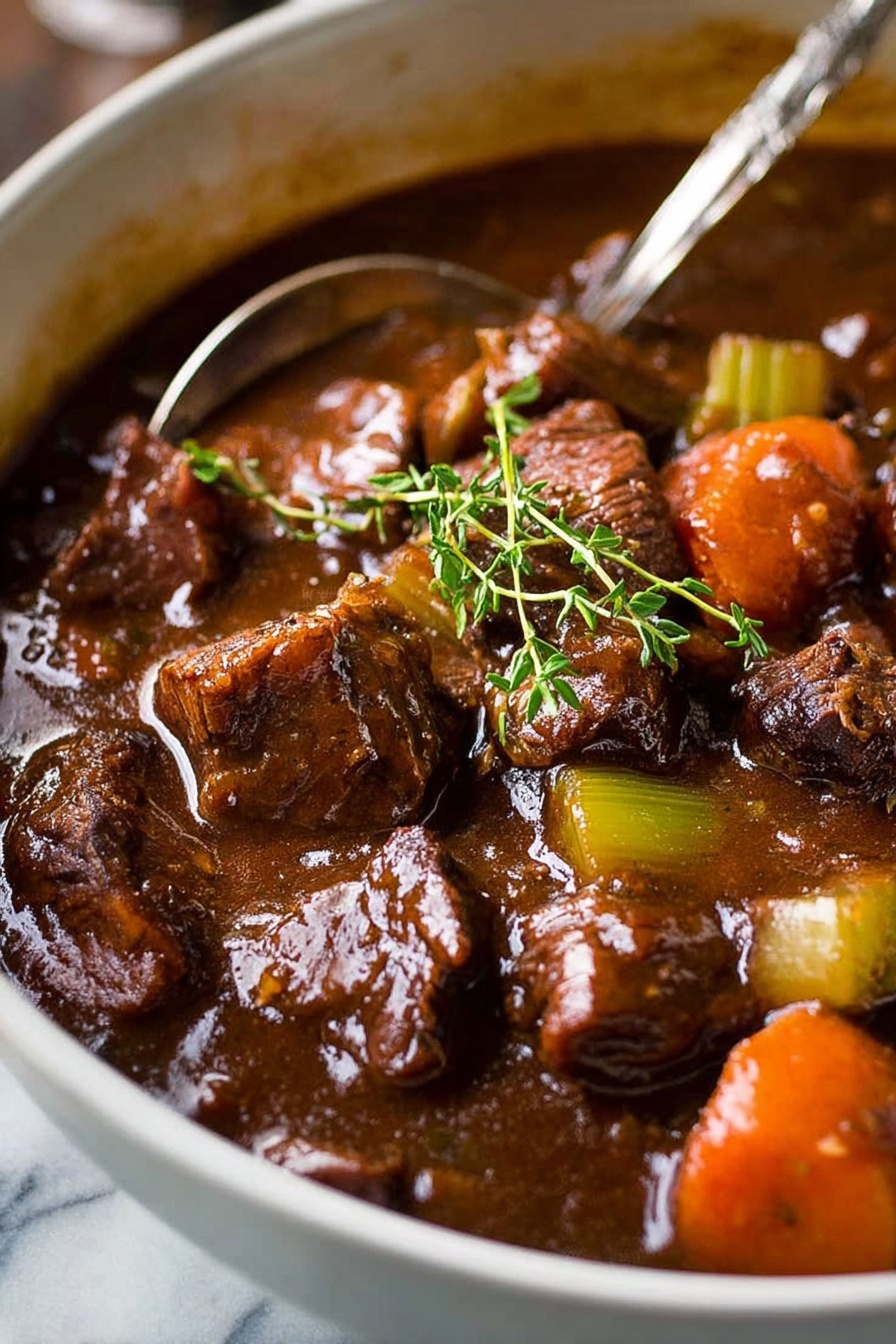 A close-up view of a bowl filled with thick, dark brown beef stew showing large chunks of tender beef, orange carrot slices, and light green celery pieces in a rich, glossy sauce. On top of the stew, a small sprig of fresh green thyme rests delicately. In the background, a silver ladle is partially visible, resting in the bowl with a white marbled surface beneath. The bowl itself is white, allowing the rich colors of the stew to stand out beautifully. photo taken with an iphone --ar 2:3 --v 7 - Beef Guinness Stew, Irish beef stew, hearty beef stew with Guinness, slow cooker beef Guinness stew, traditional Irish beef stew