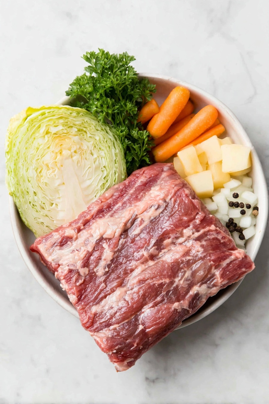 Flat lay of a fresh, lean corned beef brisket with trimmed fat, a small head of green cabbage cut into six wedges, two peeled medium carrots cut into chunks, two peeled medium parsnips cut into chunks, a small pile of frozen pearl onions, a small bunch of finely chopped fresh parsley, two whole bay leaves, and a few whole black peppercorns arranged neatly in a simple white ceramic bowl, all placed on a clean white marble surface, soft natural light, photo taken with an iPhone, professional food photography style, fresh ingredients, white ceramic bowls, no bottles, no duplicates, no utensils, no packaging --ar 2:3 --v 7 --p m7354615311229779997 - Crock Pot Corned Beef and Cabbage, slow cooker corned beef, easy Irish dinner, St. Patrick's Day meal, tender corned beef and cabbage