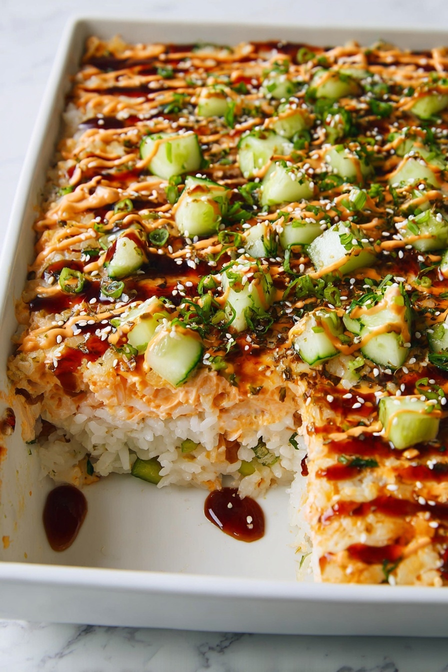 The image shows a white rectangular dish with a multi-layered food inside. The bottom layer is white rice mixed with small green bits. The middle layer appears to be a light orange creamy mixture that looks soft and fluffy. On top, there are evenly spread small cubes of green cucumber and fresh green herbs sprinkled all over. The top is finished with two sauces drizzled in lines: one creamy light orange and the other a dark brown shiny sauce. Some sesame seeds or small white seeds are scattered over the top. A section of the dish has been scooped out, showing the layers clearly against a white marbled surface. photo taken with an iphone --ar 2:3 --v 7 - Quick Sushi Bake, sushi bake recipe, easy sushi casserole, cheesy sushi bake, seafood baked dish