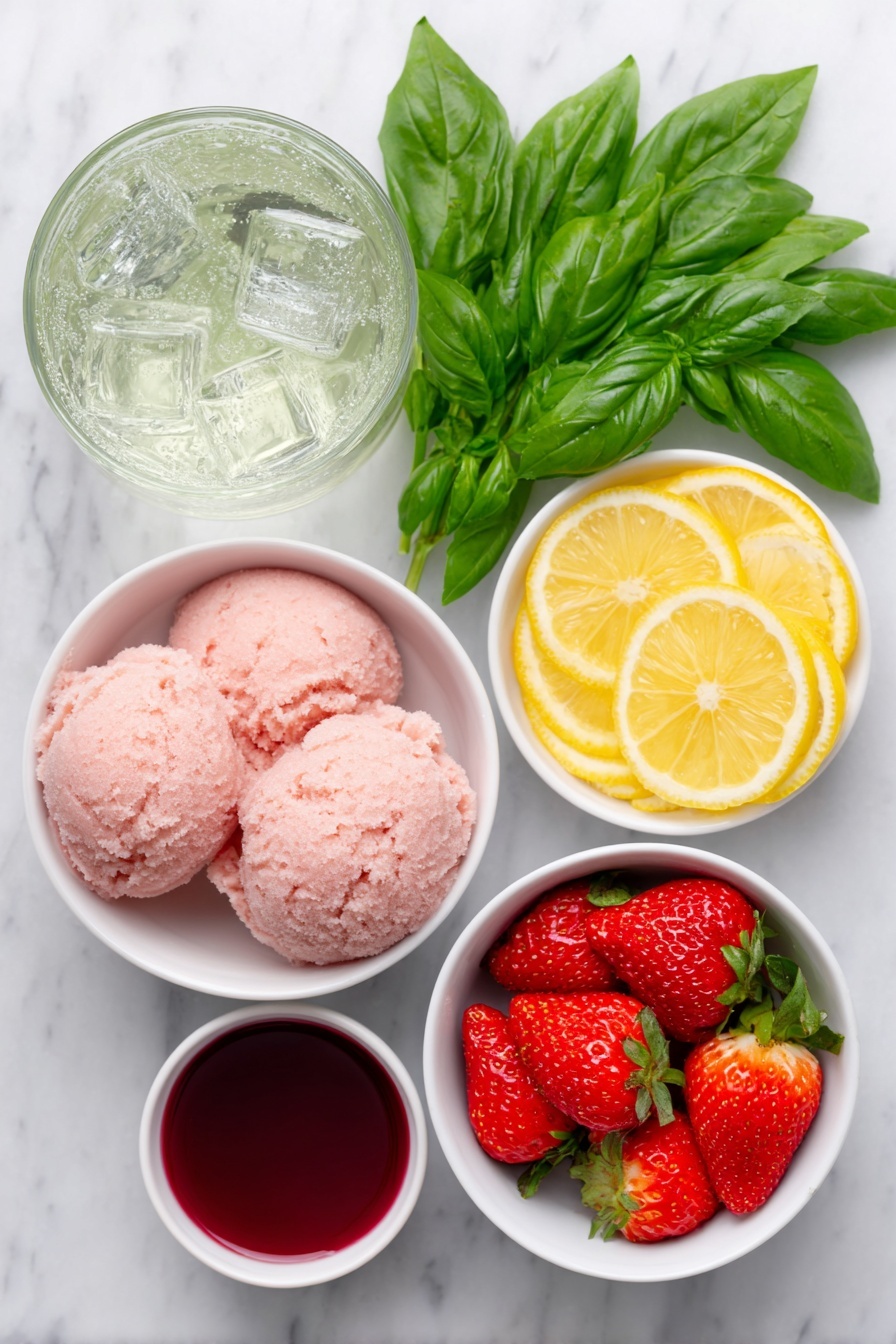 Flat lay of a small mound of smooth pink strawberry sherbet scoops, a few bright red sliced strawberries with green leaves, thin lemon slices with vibrant yellow rind, fresh green basil sprigs, a simple white ceramic bowl filled with clear cold water, another white bowl holding golden pineapple juice, a third small white bowl with pale pink frozen lemonade concentrate, all arranged neatly with a tall glass of sparkling clear lemon-lime soda showing tiny bubbles, and a medium white bowl containing deep red fruit punch juice, placed on a clean white marble surface, soft natural light, photo taken with an iPhone, professional food photography style, fresh ingredients, white ceramic bowls, no bottles, no duplicates, no utensils, no packaging --ar 2:3 --v 7 --p m7354615311229779997 - Pink Strawberry Sherbet Punch, Pink Strawberry Sherbet Punch ingredients, Pink Strawberry Sherbet Punch how to make, Pink Strawberry Sherbet Punch for parties, fruity pink punch recipe