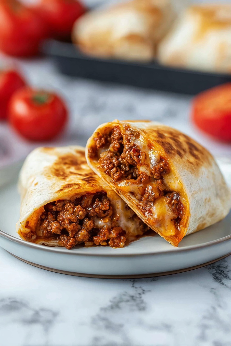 Two halves of a burrito are placed on a white plate, showing a rich filling inside. The burrito has a slightly browned, soft tortilla wrap as the outer layer. Inside, the filling has two clear layers: a deep brown ground meat mixed with small bits of tomato and spices, and a light creamy layer of melted cheese that stretches slightly at the edges. The overall texture looks warm and soft with the meat filling slightly chunky and moist. In the blurred background, there are whole red tomatoes and more burritos on a black tray against a white marbled surface. Photo taken with an iphone --ar 2:3 --v 7 - High Protein Pepperoni Pizza Rolls, protein-packed pizza snacks, easy pizza roll recipe, healthy pepperoni snacks, quick dinner ideas
