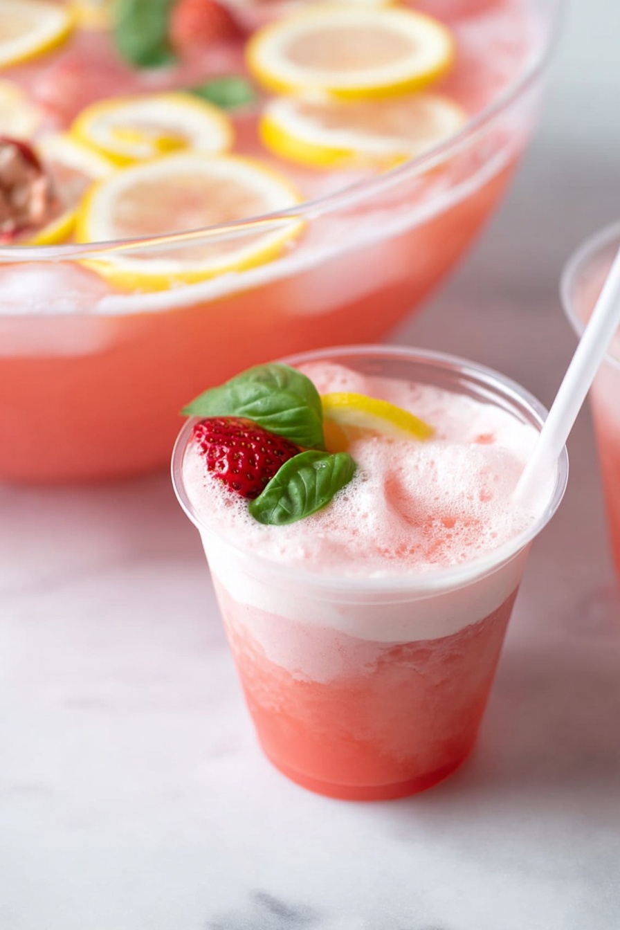 The image shows a clear cup filled with a pink frothy drink that has two visible layers: a thicker, deeper pink layer at the bottom and a lighter, foamier pink top layer. On top, there is a lemon wedge, a small green basil leaf, and a slice of strawberry resting on the foam. A white straw is placed inside the cup. Behind the cup, there is a large clear bowl filled with the same pink drink and lemon slices floating on top, all set on a white marbled surface. Photo taken with an iphone --ar 2:3 --v 7 - Pink Strawberry Sherbet Punch, Pink Strawberry Sherbet Punch ingredients, Pink Strawberry Sherbet Punch how to make, Pink Strawberry Sherbet Punch for parties, fruity pink punch recipe