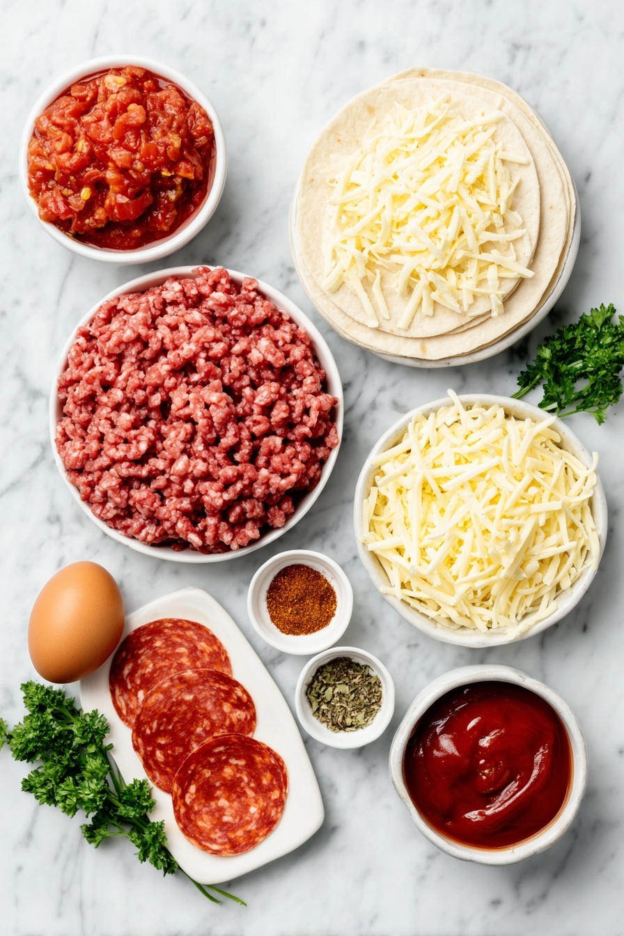 Flat lay of a small bowl of crushed bright red tomatoes, a small bowl of deep red tomato paste, a handful of fresh flat-leaf parsley sprigs, a small white bowl containing dried oregano leaves, a small white bowl with a mixed blend of onion powder, garlic powder, and smoked paprika finely ground, a mound of raw lean ground beef in natural red and pink hues, coarsely chopped slices of vibrant red pepperoni, a neat pile of shredded low-fat mozzarella cheese in creamy white strands, six large plain white flour wraps stacked evenly, whole brown eggs with smooth clean shells, all arranged in perfect symmetry on simple white ceramic bowls and plates placed on a clean white marble surface, soft natural light, photo taken with an iPhone, professional food photography style, fresh ingredients, white ceramic bowls, no bottles, no duplicates, no utensils, no packaging --ar 2:3 --v 7 --p m7354615311229779997 - High Protein Pepperoni Pizza Rolls, protein-packed pizza snacks, easy pizza roll recipe, healthy pepperoni snacks, quick dinner ideas
