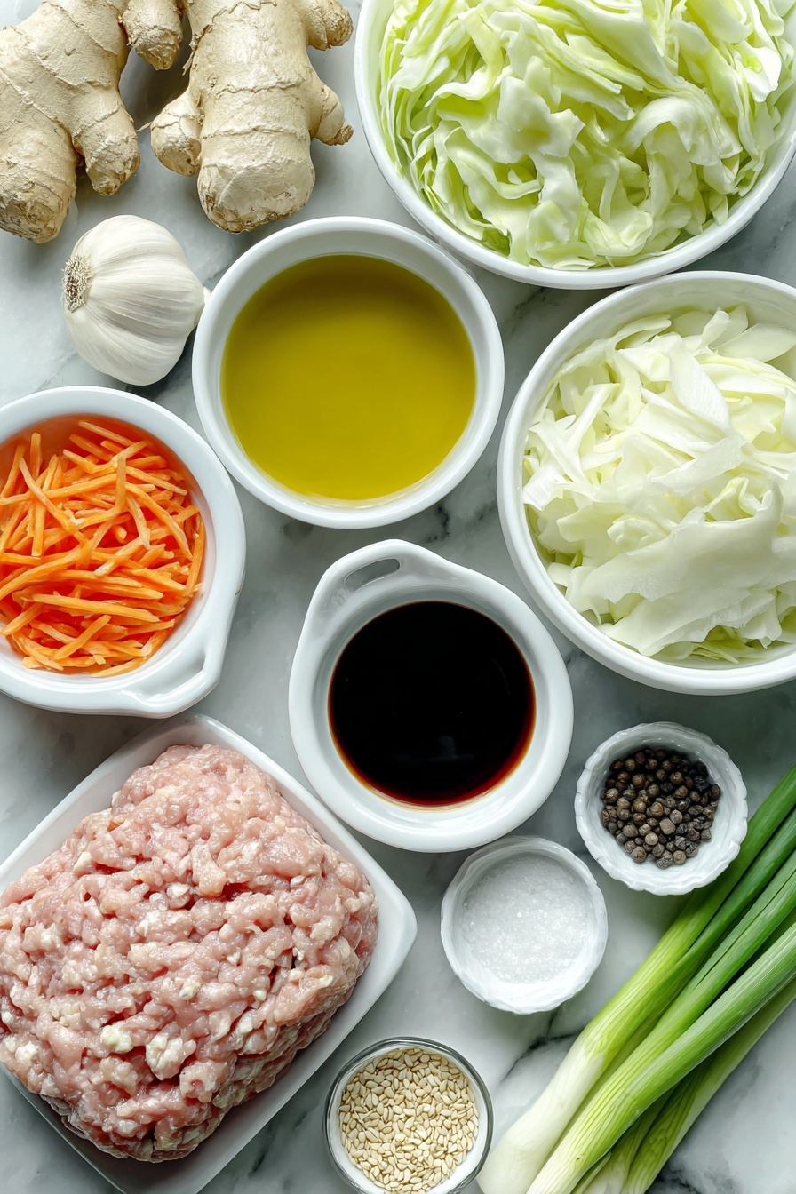 Flat lay of a small white ceramic bowl filled with golden olive oil, a neatly shaped raw ground turkey portion, a small sweet onion whole and unpeeled, a small white ceramic bowl with thinly shredded bright orange carrots, three whole garlic cloves with papery skins, a fresh piece of ginger root with a knobby texture, a small white ceramic bowl containing clear chicken broth, a small mound of finely shredded fresh green cabbage, a small white ceramic bowl with dark amber soy sauce, a small white ceramic bowl holding pale golden rice vinegar, a scattering of coarse salt crystals, a few black peppercorns in a small white ceramic bowl, a small white ceramic bowl with glossy toasted sesame oil, a small white ceramic bowl filled with cooked fluffy white rice, a small bunch of green onions sliced lengthwise to show the vibrant green tops, and a small white ceramic bowl filled with toasted golden sesame seeds all arranged symmetrically, placed on a clean white marble surface, soft natural light, photo taken with an iPhone, professional food photography style, fresh ingredients, white ceramic bowls, no bottles, no duplicates, no utensils, no packaging --ar 2:3 --v 7 --p m7354615311229779997 - Egg Roll in a Bowl Stir-Fry, egg roll in a bowl, healthy egg roll bowl, quick stir-fry recipes, Asian-inspired skillet dinner