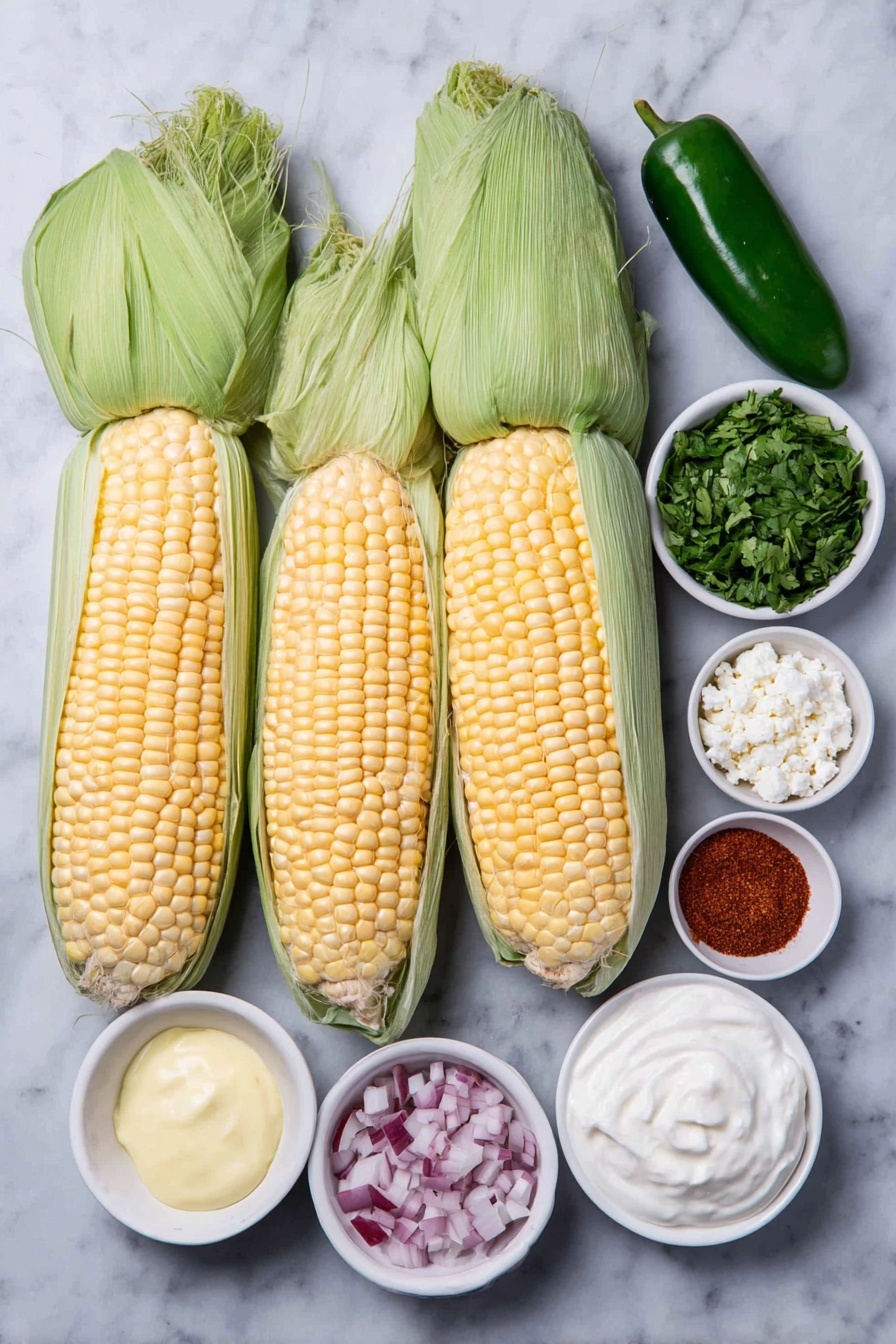 Flat lay of four fresh golden corn ears with green husks partially peeled back, a small mound of bright green chopped cilantro, a small pile of white crumbled cotija cheese, two uncracked brown garlic cloves, one fresh green jalapeno sliced in half showing seeds, a small heap of diced vibrant red onion, a small white ceramic bowl with creamy plain Greek yogurt, another small white bowl containing smooth pale yellow mayonnaise, a small white bowl filled with bright fresh lime juice, and small white bowls each with reddish paprika powder, deep red chili powder, coarse sea salt crystals, and ground black peppercorns, arranged in perfect symmetry on a clean white marble surface, soft natural light, photo taken with an iPhone, professional food photography style, fresh ingredients, white ceramic bowls, no bottles, no duplicates, no utensils, no packaging --ar 2:3 --v 7 --p m7354615311229779997 - Street Corn Salad with Greek Yogurt, Mexican Street Corn Salad, Healthy Corn Salad, Summer Corn Salad, Easy Corn Salad Recipe